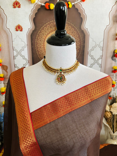 Handwoven Mangalgiri Cotton Saree | Brown | Gold Zari | Handwoven | Ships from California